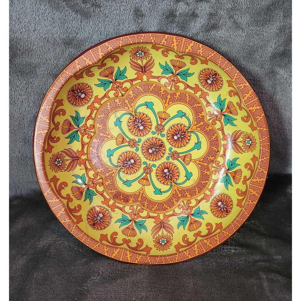Vtg 1971 Daher Decorated Ware Round Metal Tin Tray Yellow Orange Bowl ‎ 10"